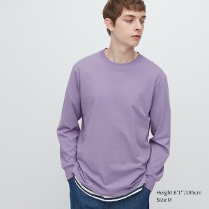 Purple Men Uniqlo AIRism Cotton UV Protection Crew Neck T Shirts | 4780-EHJWK