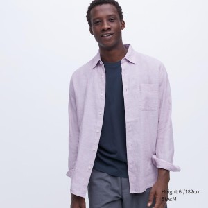 Purple Men Uniqlo Premium Linen Long-Sleeve Shirts | 4396-DLVGQ