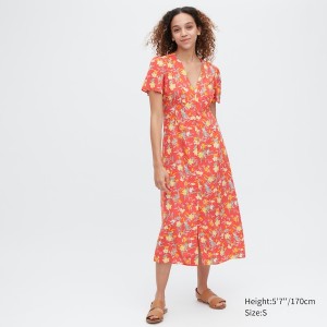 Red Women Uniqlo Printed V-Neck Short-Sleeve Flare Dress | 5039-BXOIP