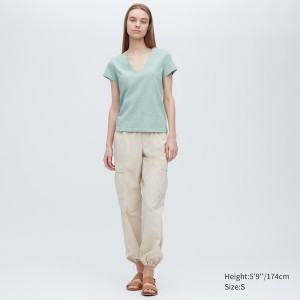 Turquoise Women Uniqlo Slub Jersey V-Neck Short-Sleeve T Shirts | 0893-HZXCP