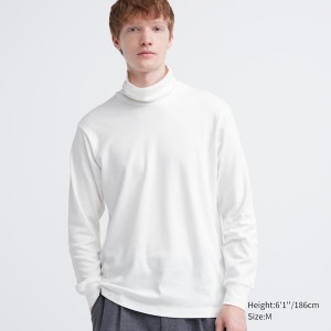 White Men Uniqlo Brushed Cotton Turtleneck Long-Sleeve T Shirts | 7430-MFTBR