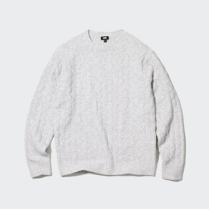 White Men Uniqlo Souffle Yarn Cable Crew Neck Sweaters | 4026-MYCVS