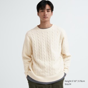 White Men Uniqlo Souffle Yarn Cable Crew Neck Sweaters | 5831-LBJPD