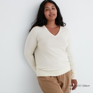 White Women Uniqlo Extra Fine Merino V-Neck Long-Sleeve Sweaters | 4982-CYTDF