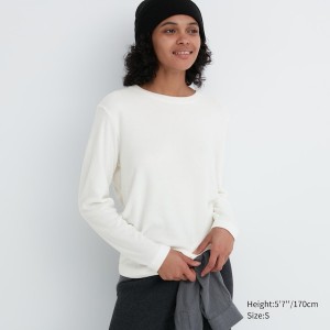 White Women Uniqlo HEATTECH Fleece Crew Neck Long-Sleeve T Shirts | 3608-DSBNO