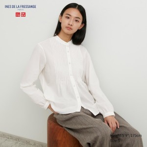 White Women Uniqlo Pintuck Long Sleeve Shirts | 0537-PMGXB