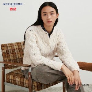 White Women Uniqlo Pointelle Crew Neck Long-Sleeve Cardigan | 3426-FSJNQ