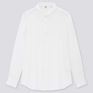 White Women Uniqlo Rayon Long-Sleeve Shirts | 0486-BHXDP