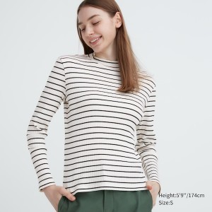 White Women Uniqlo Ribbed Striped High Neck Long-Sleeve T Shirts | 1394-PFIDJ