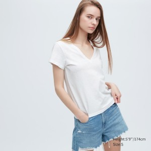 White Women Uniqlo Slub Jersey V-Neck Short-Sleeve T Shirts | 7693-SQDVL