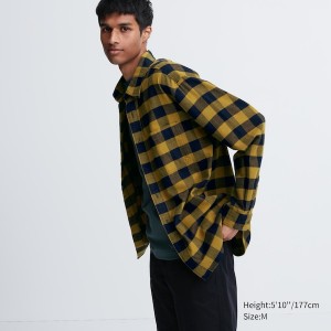 Yellow Men Uniqlo Flannel Checked Long-Sleeve Shirts | 5931-SCLTK