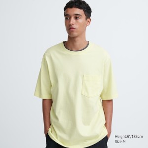 Yellow Men Uniqlo Oversized Pocket Crew Neck Half-Sleeve T Shirts | 5321-IRKSC