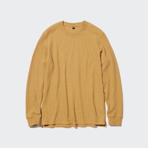 Yellow Men Uniqlo Waffle Crew Neck Long-Sleeve T Shirts | 4510-KXQSF