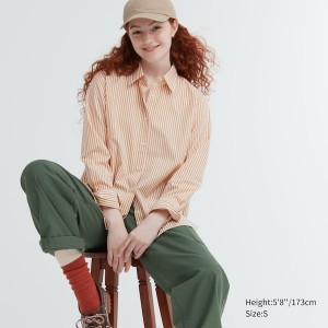 Yellow Women Uniqlo Cotton Striped Long-Sleeve Shirts | 1287-LIRDE