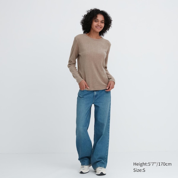 Apricot Women Uniqlo HEATTECH Fleece Crew Neck Long-Sleeve T Shirts | 2850-GEHQI