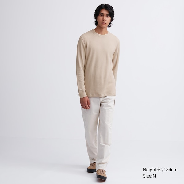 Beige Men Uniqlo Waffle Crew Neck Long-Sleeve T Shirts | 1657-ITKMF