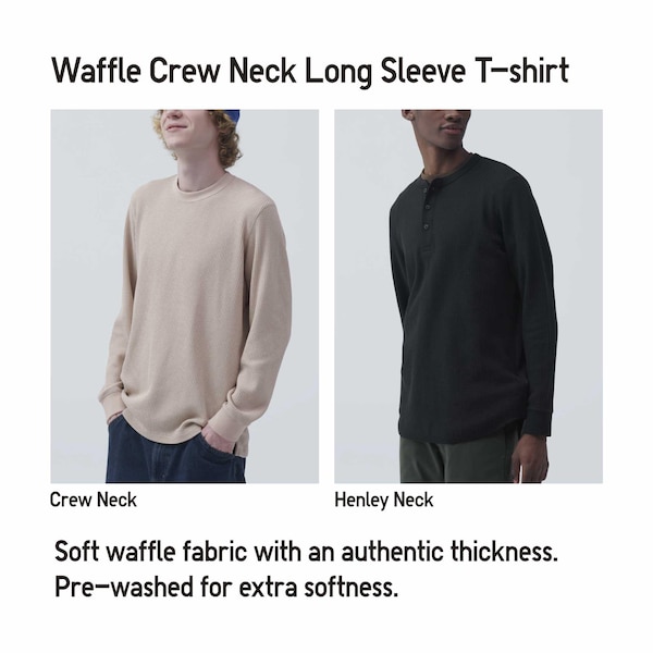 Beige Men Uniqlo Waffle Crew Neck Long-Sleeve T Shirts | 1657-ITKMF