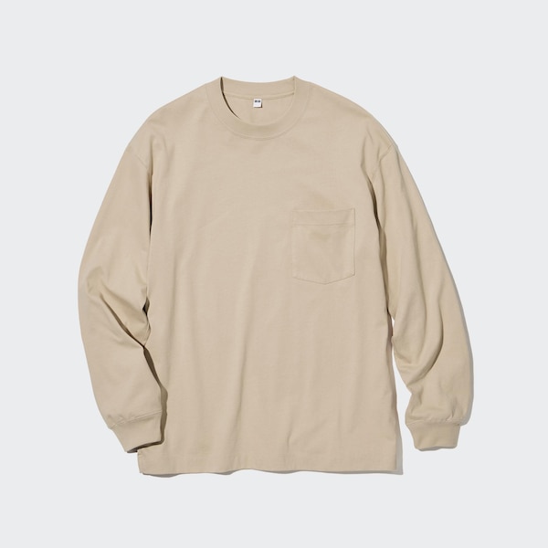 Beige Men Uniqlo Washed Cotton Crew Neck Long-Sleeve T Shirts | 8340-CPHOF