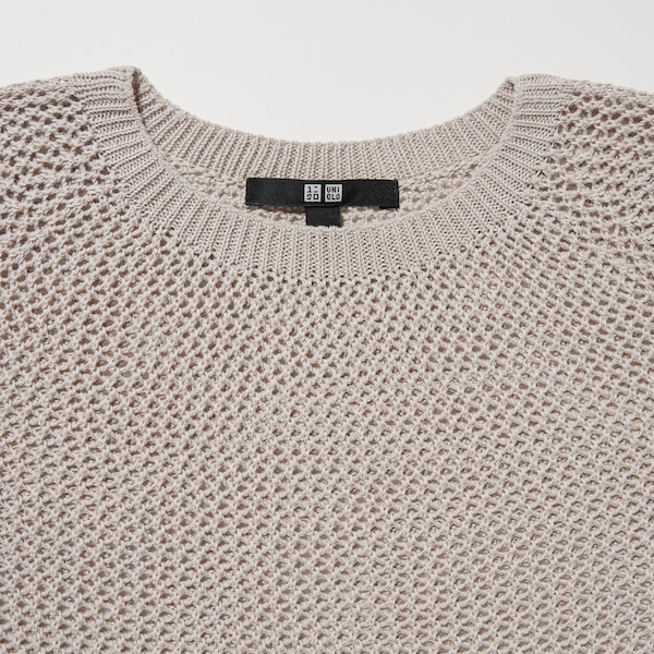 Beige Women Uniqlo 3D Knit Mesh Long-Sleeve Crew Neck Sweaters | 9725-CKPGV