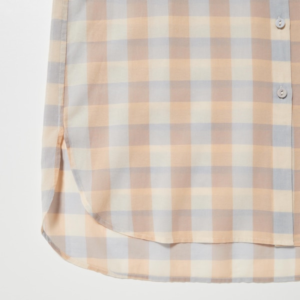 Beige Women Uniqlo Cotton Sheer Checked Long-Sleeve Shirts | 9457-IYKCG