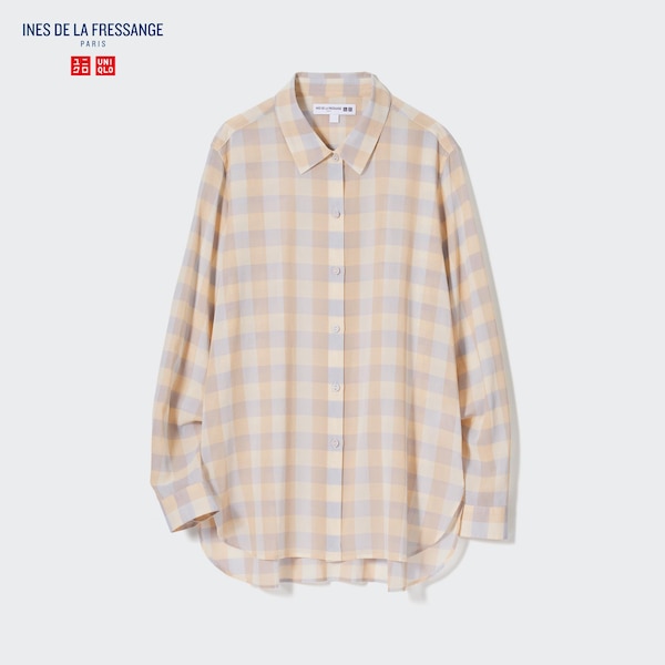 Beige Women Uniqlo Cotton Sheer Checked Long-Sleeve Shirts | 9457-IYKCG