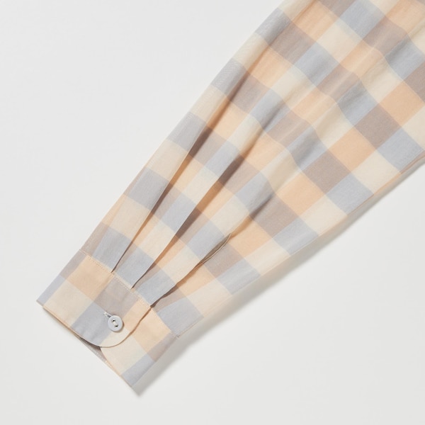 Beige Women Uniqlo Cotton Sheer Checked Long-Sleeve Shirts | 9457-IYKCG