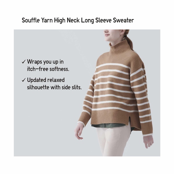 Beige Women Uniqlo Souffle Yarn Striped High Neck Long-Sleeve Sweaters | 0482-GASLN