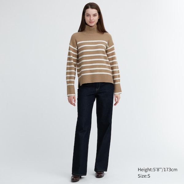 Beige Women Uniqlo Souffle Yarn Striped High Neck Long-Sleeve Sweaters | 0482-GASLN