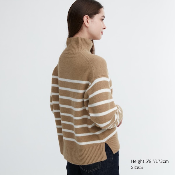 Beige Women Uniqlo Souffle Yarn Striped High Neck Long-Sleeve Sweaters | 0482-GASLN