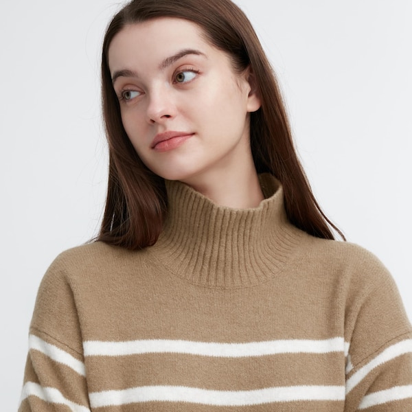 Beige Women Uniqlo Souffle Yarn Striped High Neck Long-Sleeve Sweaters | 0482-GASLN