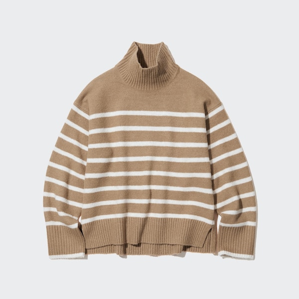 Beige Women Uniqlo Souffle Yarn Striped High Neck Long-Sleeve Sweaters | 0482-GASLN