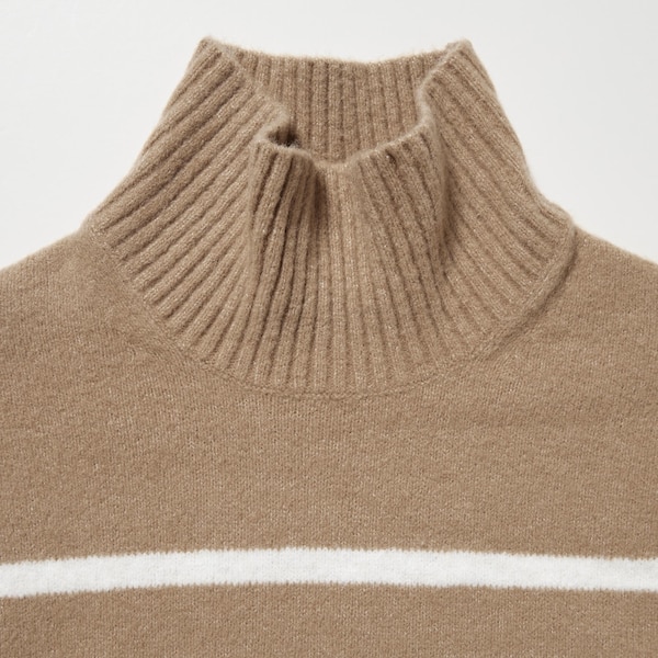 Beige Women Uniqlo Souffle Yarn Striped High Neck Long-Sleeve Sweaters | 0482-GASLN