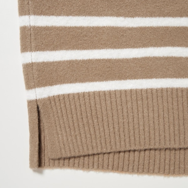 Beige Women Uniqlo Souffle Yarn Striped High Neck Long-Sleeve Sweaters | 0482-GASLN