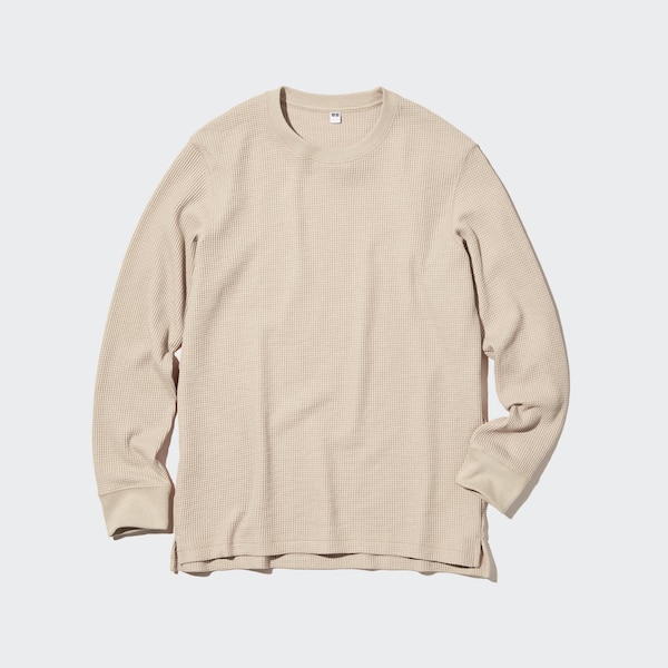 Beige Women Uniqlo Waffle Crew Neck Long-Sleeve T Shirts | 1275-RVNJT