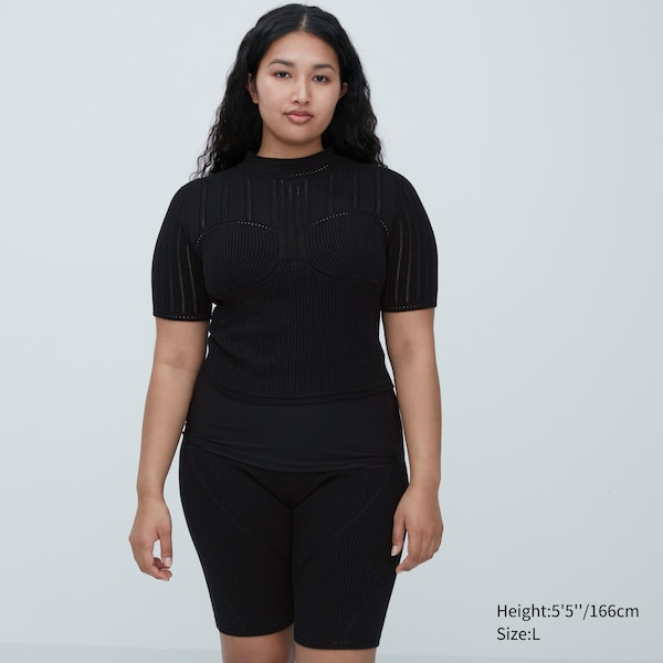 Black Women Uniqlo 3D Knit Mesh Half-Sleeve Sweaters | 2856-ULHTK