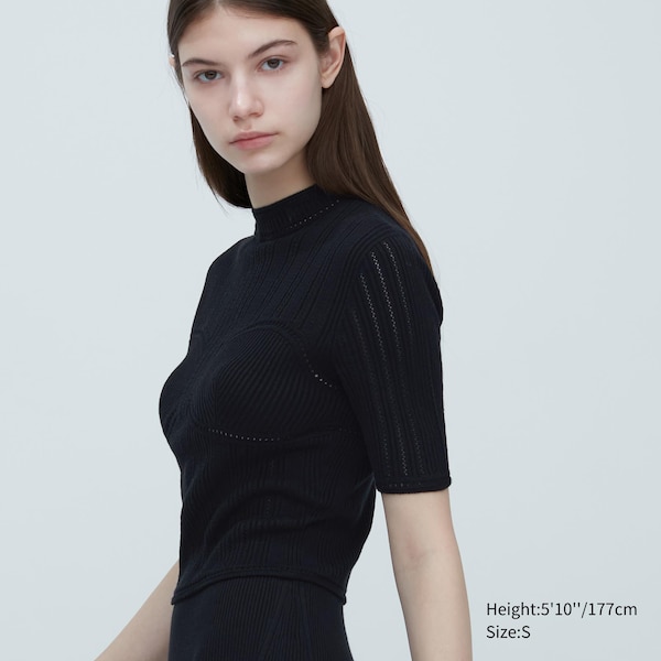 Black Women Uniqlo 3D Knit Mesh Half-Sleeve Sweaters | 2856-ULHTK