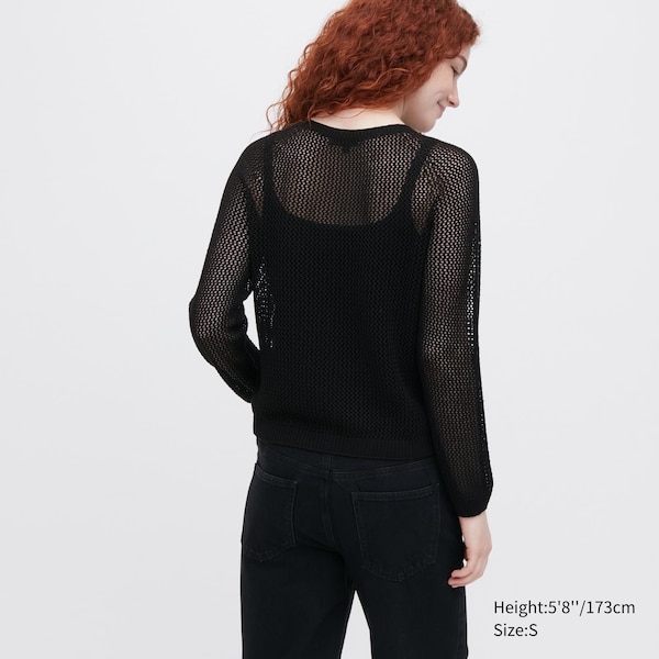 Black Women Uniqlo 3D Knit Mesh Long-Sleeve Crew Neck Sweaters | 6185-TIPKN