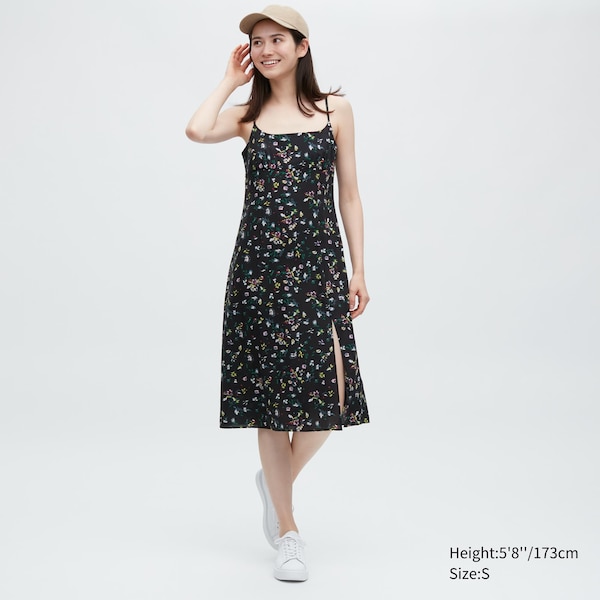 Black Women Uniqlo Printed Front Slit Camisole Dress | 3059-ZGVJM