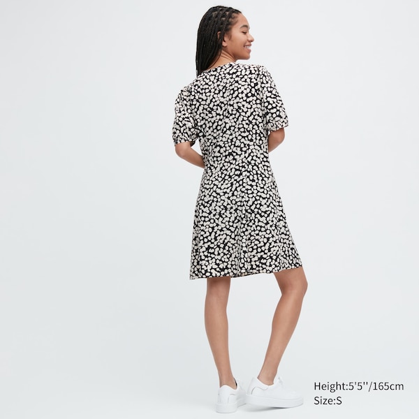 Black Women Uniqlo Printed V-Neck Short-Sleeve Mini Dress | 5167-YFHCK