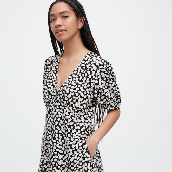 Black Women Uniqlo Printed V-Neck Short-Sleeve Mini Dress | 5167-YFHCK