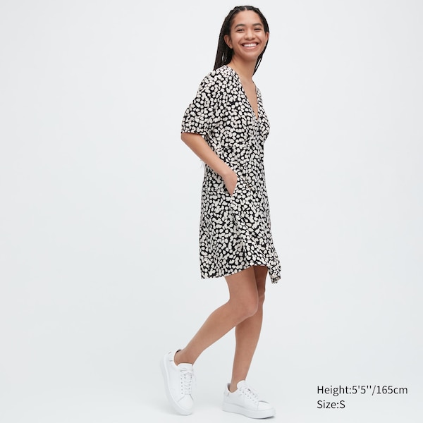 Black Women Uniqlo Printed V-Neck Short-Sleeve Mini Dress | 5167-YFHCK