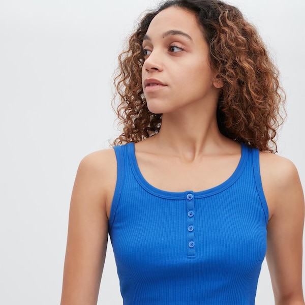 Black Women Uniqlo Ribbed Henley Neck Cropped Tank Tops | 8032-AFDHY