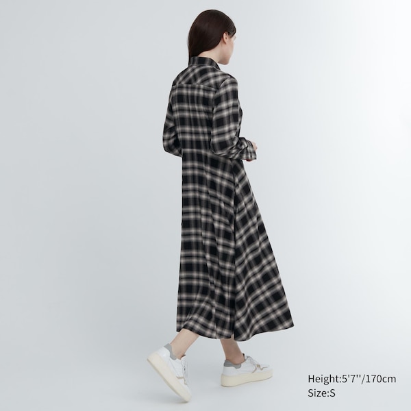 Black Women Uniqlo Soft Brushed Checked Long-Sleeve Shirt Dress | 5697-JRBAQ