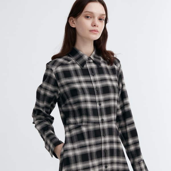 Black Women Uniqlo Soft Brushed Checked Long-Sleeve Shirt Dress | 5697-JRBAQ