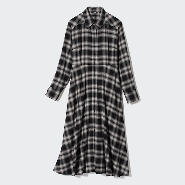 Black Women Uniqlo Soft Brushed Checked Long-Sleeve Shirt Dress | 5697-JRBAQ