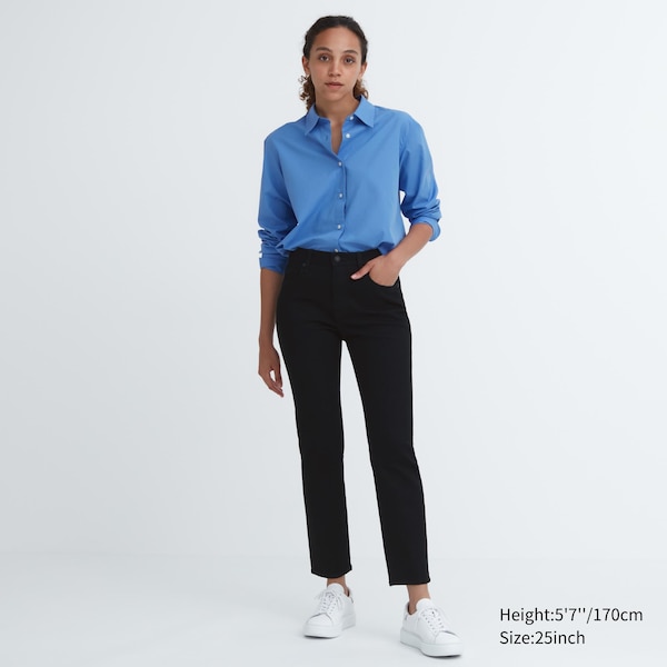 Black Women Uniqlo Stretch Slim Straight Jeans | 1042-DMPUY