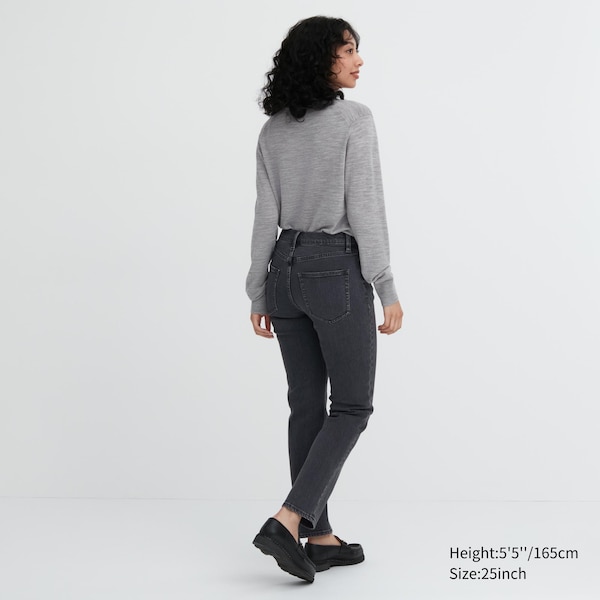 Black Women Uniqlo Stretch Slim Straight Jeans | 8793-RSFYO