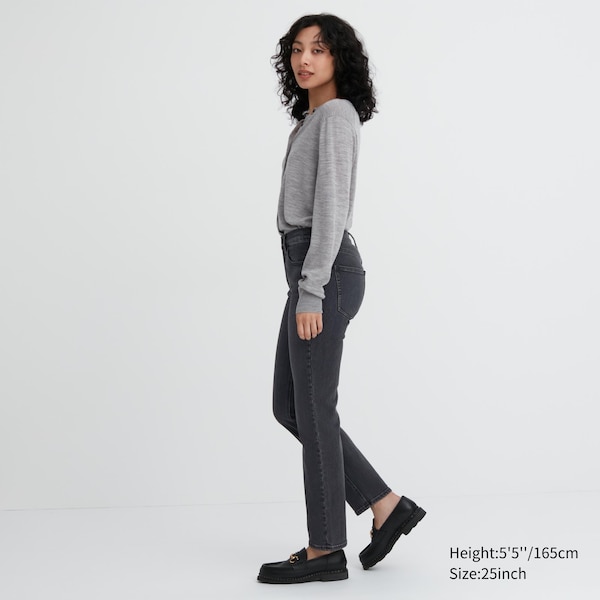 Black Women Uniqlo Stretch Slim Straight Jeans | 8793-RSFYO