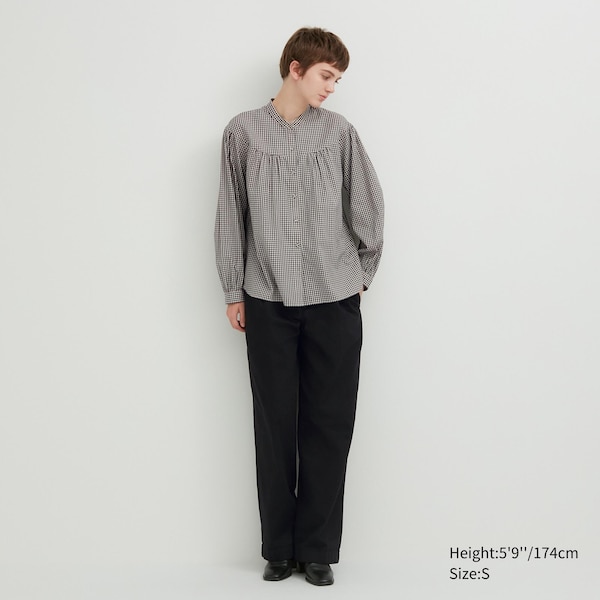 Black Women Uniqlo Volume Checked Long-Sleeve Shirts | 7439-EHQJO