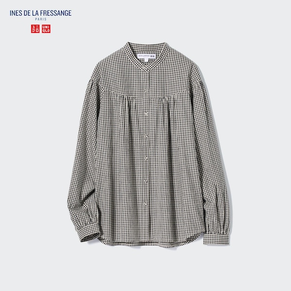 Black Women Uniqlo Volume Checked Long-Sleeve Shirts | 7439-EHQJO